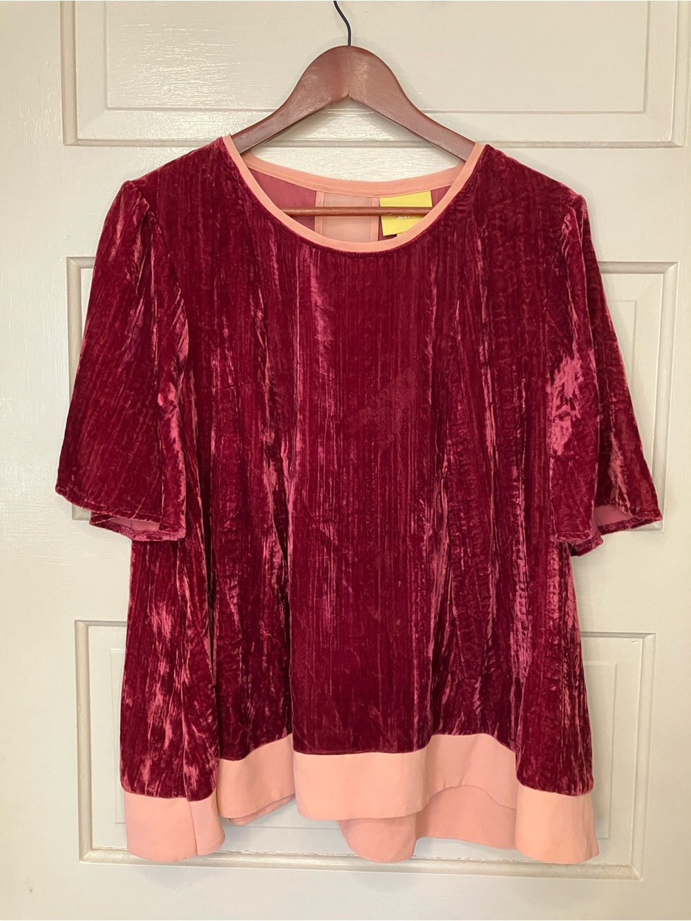 Maeve Dark Pink Velvet Short-Sleeve Top- bell cut, size Large